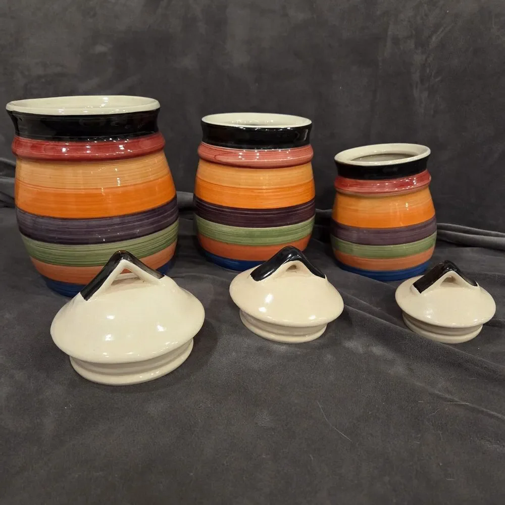 Vtg MCM Philippe Richard Rondo 1970s Striped Canisters Set of 3 ~ 9”, 6.5”, 5.5”